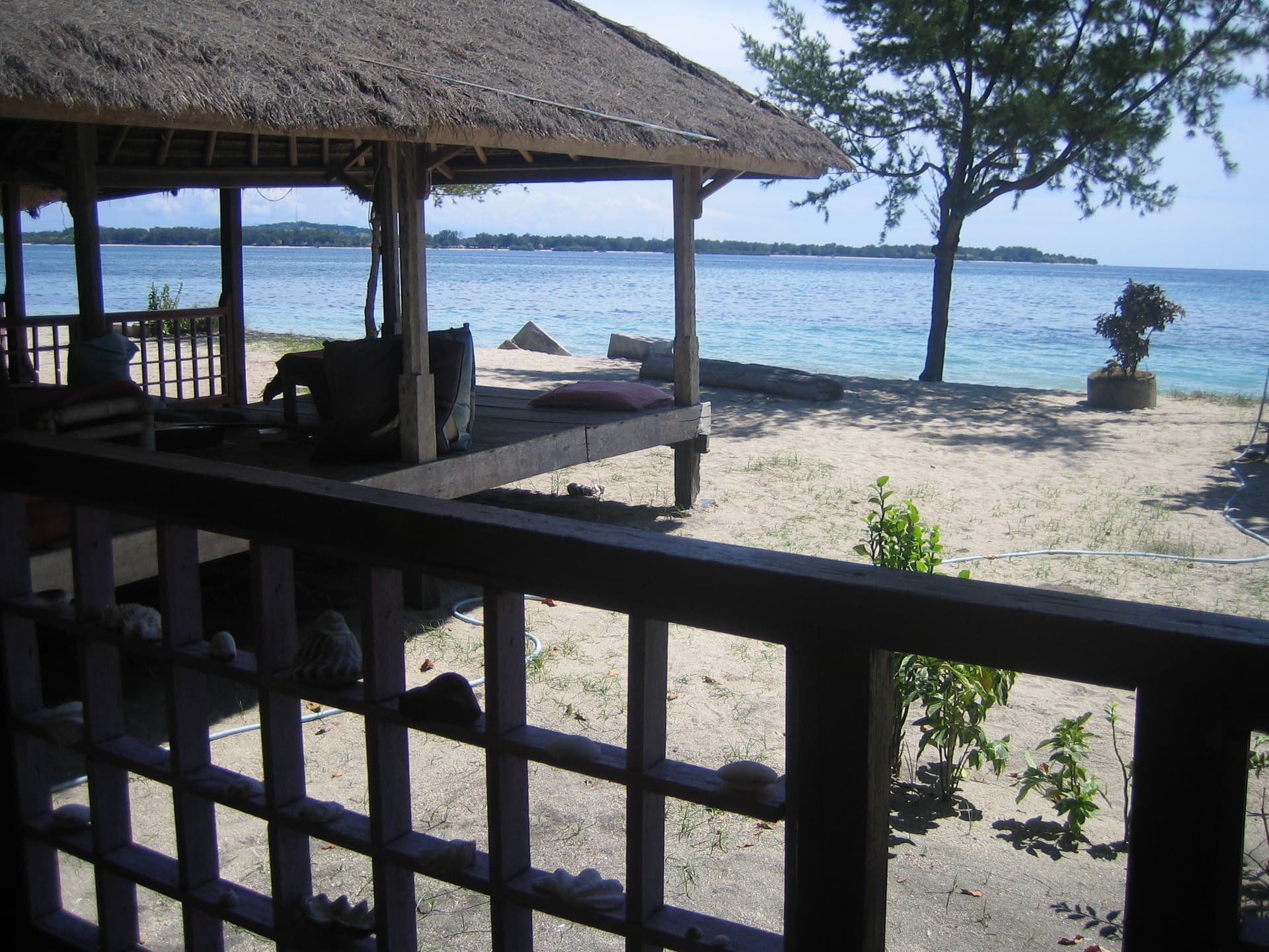 View from a beach hut on Gili Air across the water to Gili Meno and Gili Trawangan