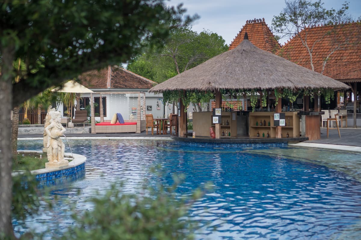 Hotel swimming pool with a thatched pool bar and tropical garden